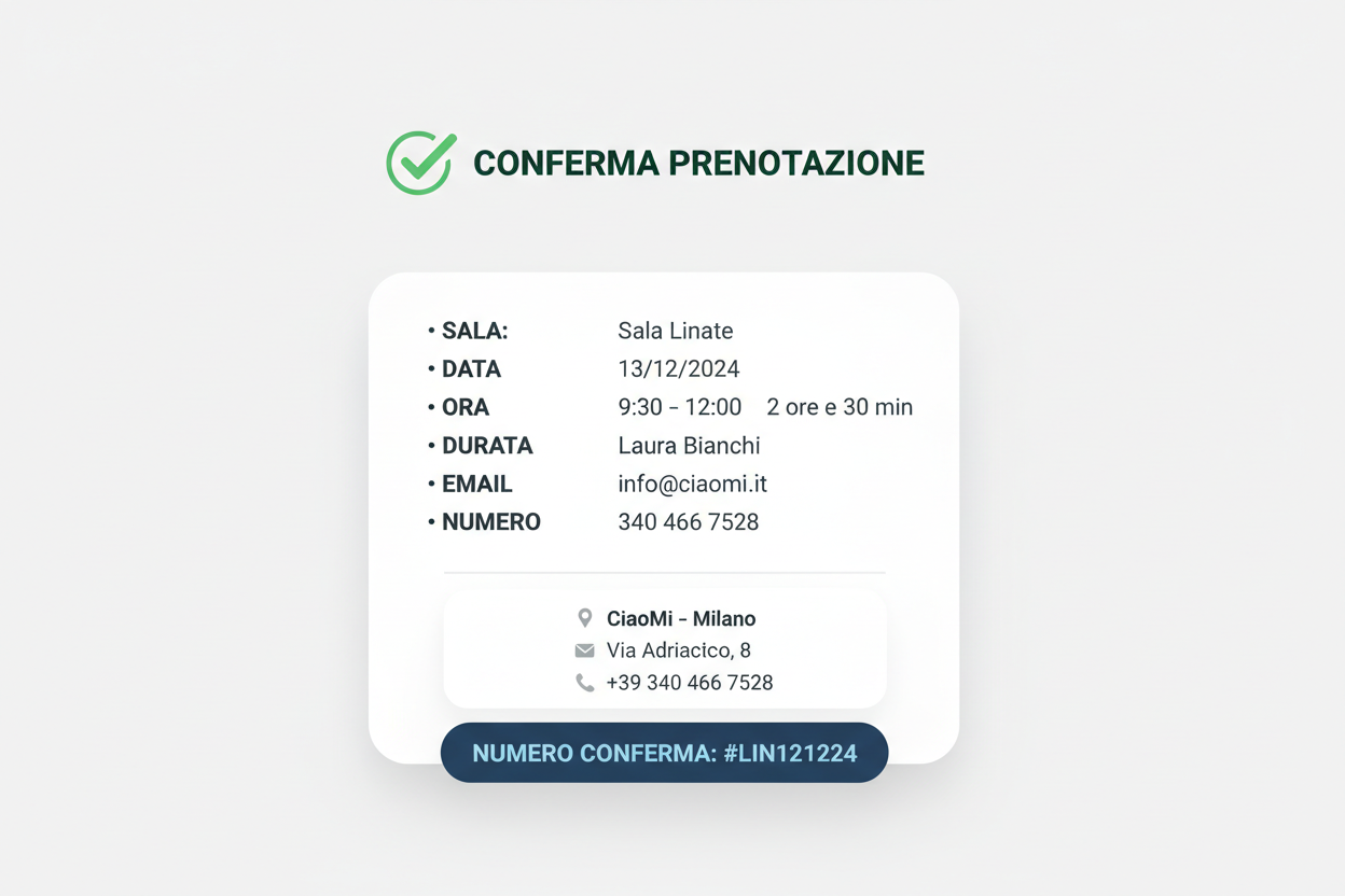 Crea un mockup di una conferma di prenotazione moderna e professionale, stile modulistica digitale, con i seguenti dati compilati: Titolo: ✅ CONFERMA PRENOTAZIONE Dettagli Prenotazione: • SALA: Sala Linate • DATA: 13/12/2024 • ORA: 9:30 – 12:00 • DURATA: 2 ore e 30 min • NOME: Laura Bianchi • EMAIL: info@ciaomi.it • NUMERO: 340 466 7528 Informazioni di contatto: 📍 CiaoMi – Milano. Via Adriatico, 8 ✉️ info@ciaomi.it ☎️ +39 340 466 7528 Pulsante/firma in basso: “NUMERO CONFERMA: #LIN121224” Note grafiche: Sf